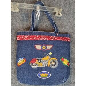 Denim Tote Bag Motorcycle Patches Biker Cruise‎ Leather Forever Red Bandana Blue